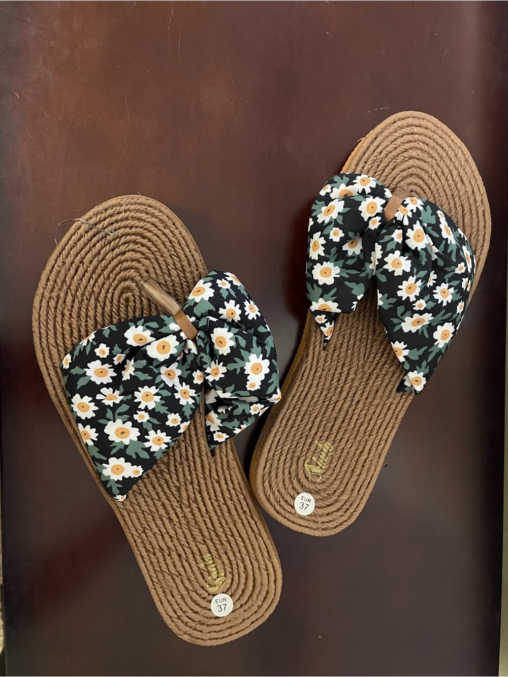 Floral Bow Slide Sandals in Black and Brown